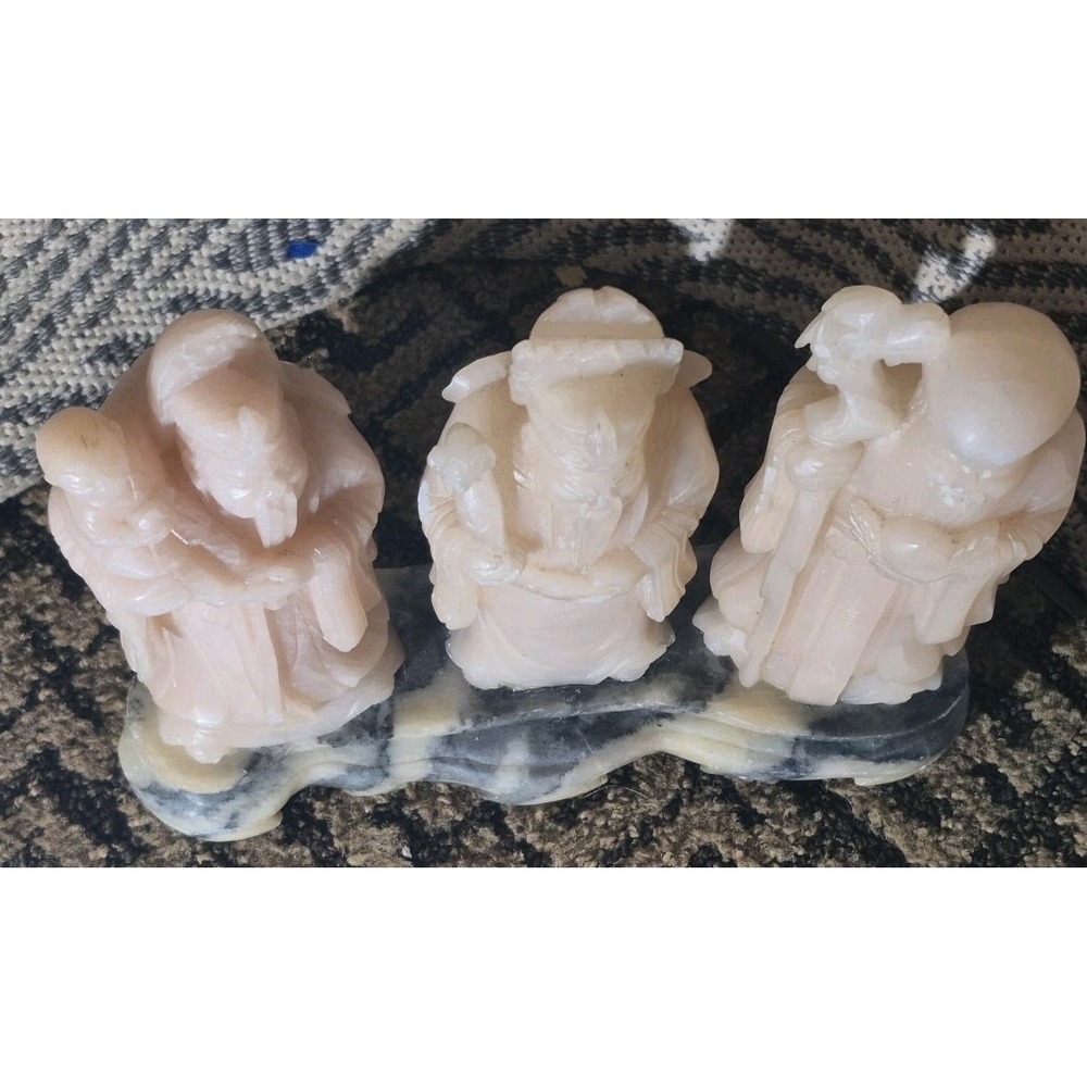 Vintage Soapstone / Alabaster Carved Elder Figures – Set of‎ 3 on Marble Base - Picture 5 of 6